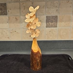 Natural Wood Vase with Cream Accents